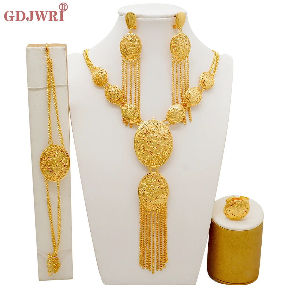 

Fashion Tassel Long Chain Jewelry Set African Dubai Gold Color Flower Necklace Earings Bracelet Ring Sets For Women Party Gifts