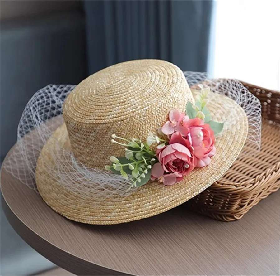 

202309-shi ins chic summer flower white mesh lace pearl ribbon natural straw lady fedoras cap women leisure panama jazz hat