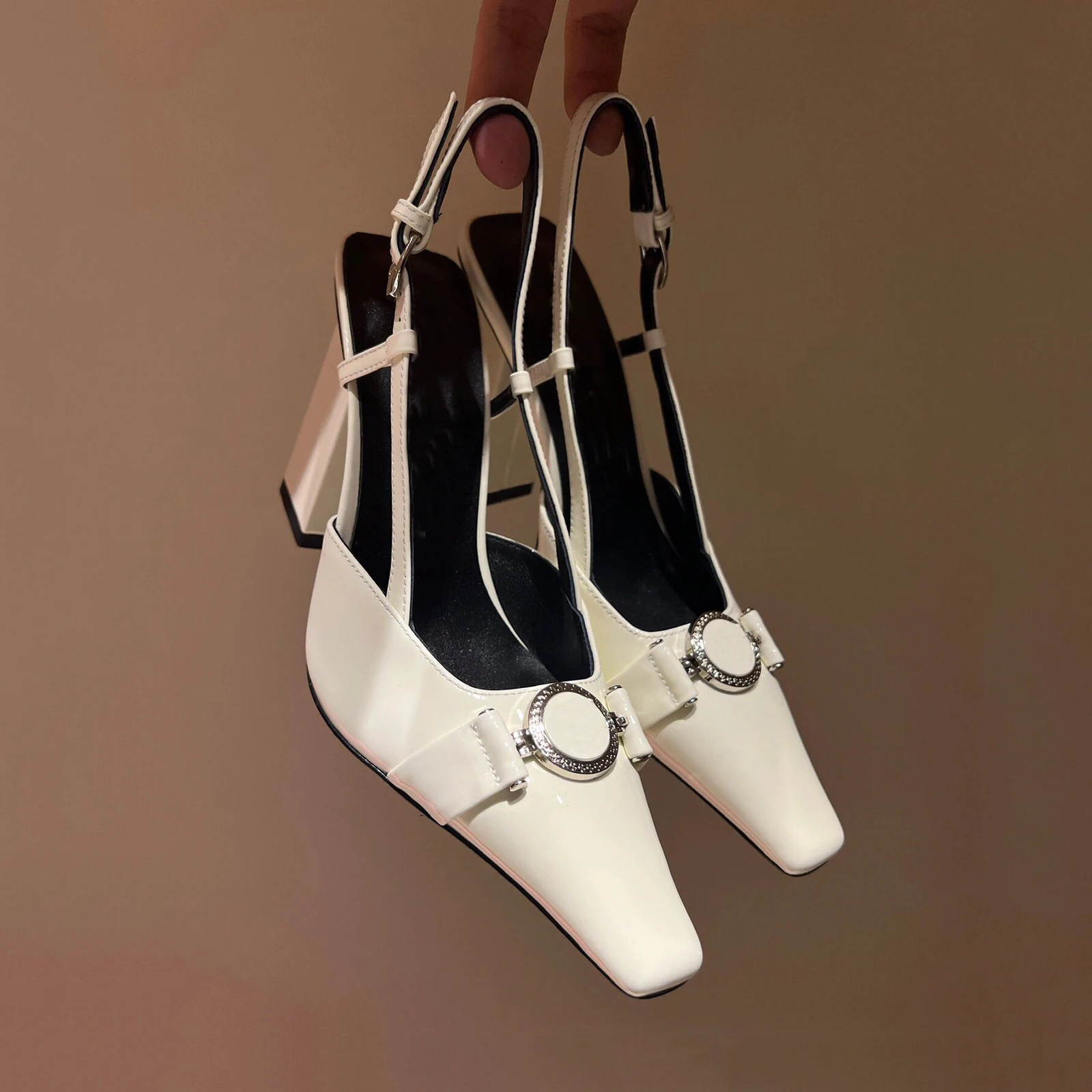 Women's pumps mules metal buckle ankle strap buckle high heel Side buckle back empty single shoe 2