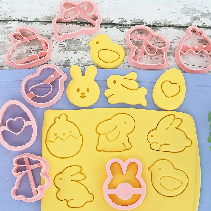 Cookies Cutter Rabbit Egg Dough Stamp Plastic 3D Bunny Cartoon Pressable Biscuit Mold Easter Kitchen Baking Pastry Bakeware 8Pcs
