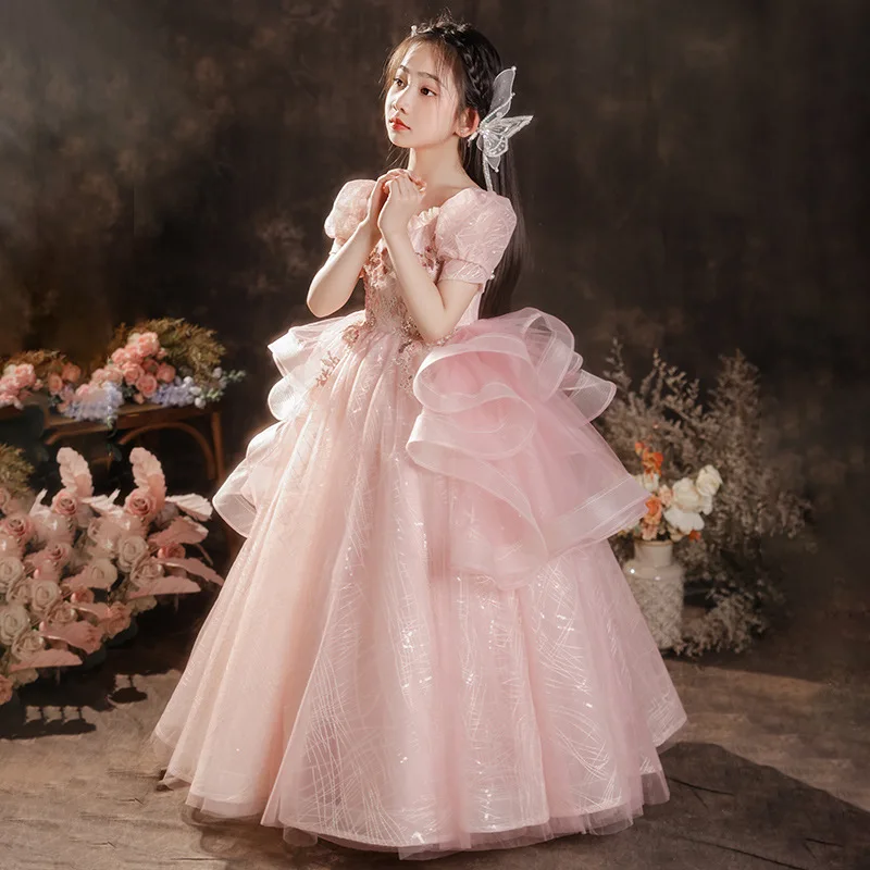 Fashion pink Baby Girl Princess Sequins Tutu Long Dress Short