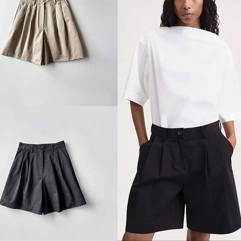 

Women's High Waist Pleated Casual Shorts Summer New Solid Color Ladies Straight Loose Cotton Short Pants