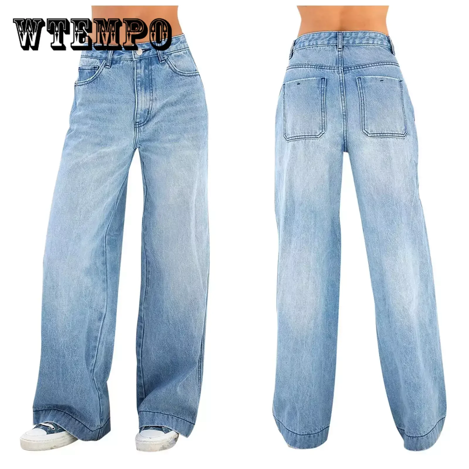 WTEMPO Women's High Waist Wide Leg Jeans Ladies Washed Denim Pants Loose Zip Fly Front Breathable Solid Color Jeans Trousers 2022 fashion lace up solid color street style denim trousers ladies jeans women s clothing