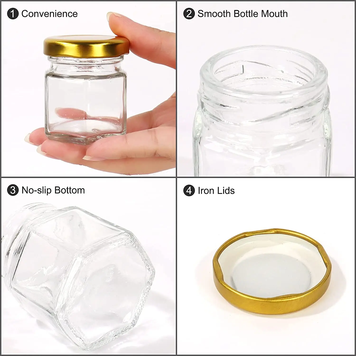 Hexagon Mini Glass Honey Jars with Wood Dippers, Gold Lids,Bee Pendants Jutes  Bee Stickers Perfect for Baby Shower,Wedding 4