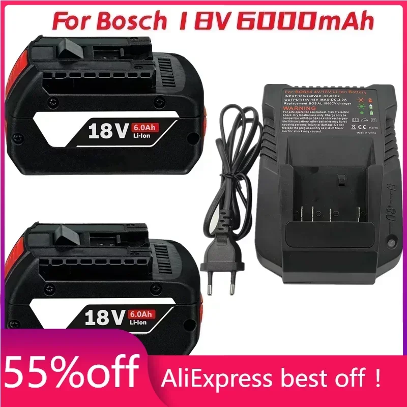 

1-3PSC 18V Battery For Bosch GBA 18V 6.0Ah Lithium BAT609 BAT610G BAT618 BAT618G 17618-01 BAT619G BAT622 SKC181-202L +charger