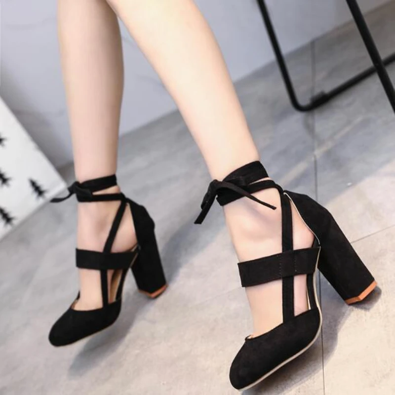 Sapatos Feminino Plus Size 35-43 Women Gladiator Summer High Heels for Party Wedding Shoes Thick Heels Fashion Lace-up Black