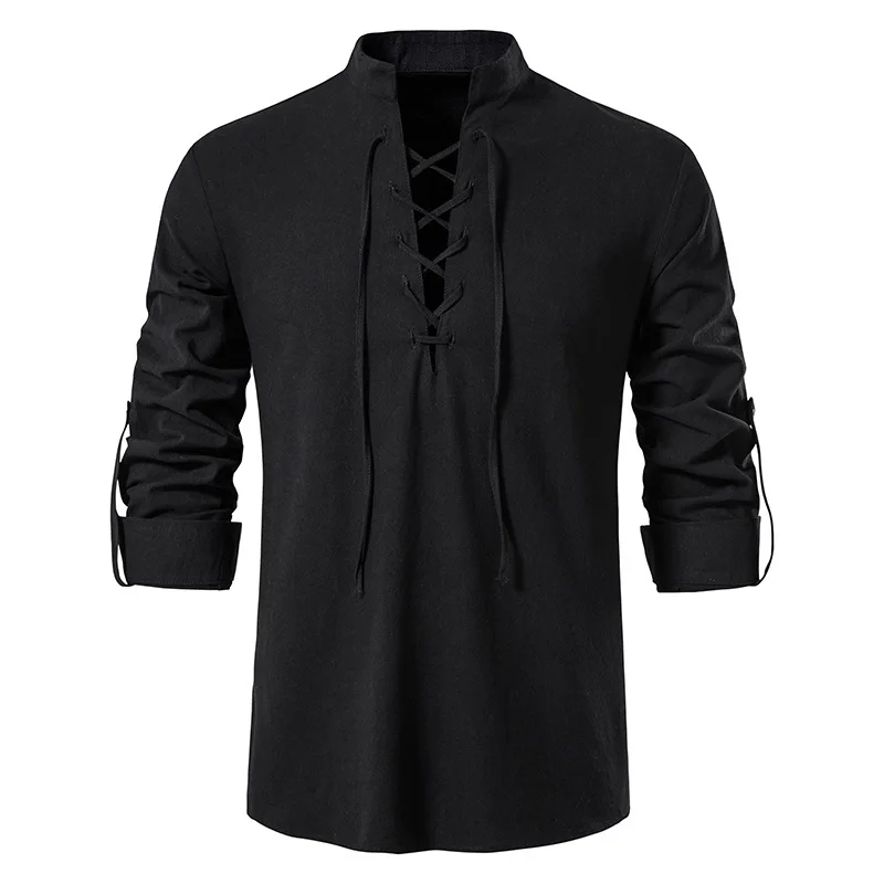 

Mens Cotton Linen Casual Shirts Medieval Renaissance Pirate Costume Long Sleeve Lace Up Henley Shirt Men Camisa Social Masculina
