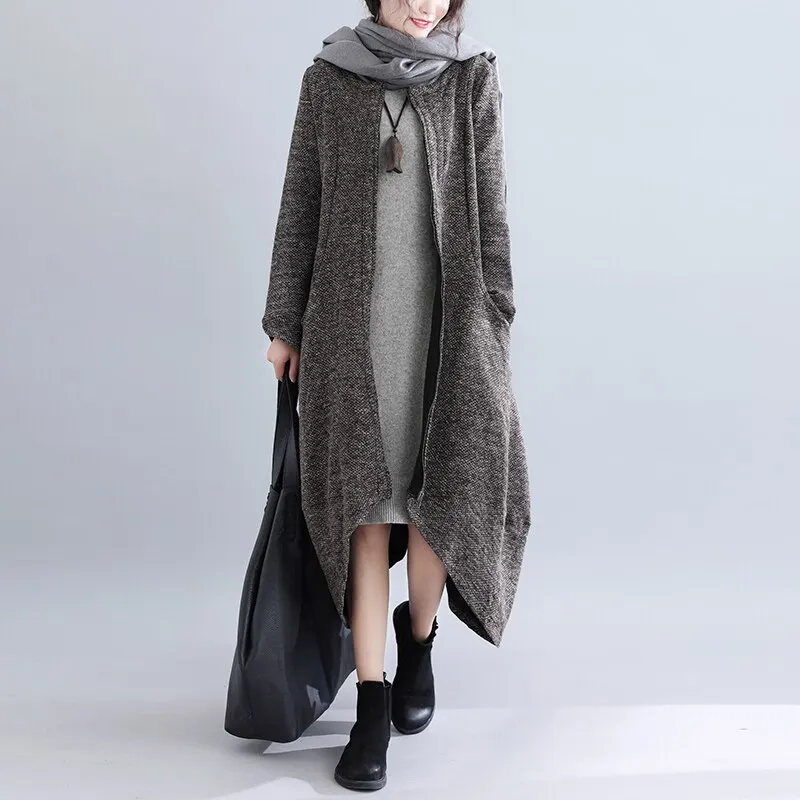 

Женская Повседневная Свободная длинная куртка, круглый вырез, асимметричная молния, смешанные шерстяные пальто, большие размеры, осень, зима