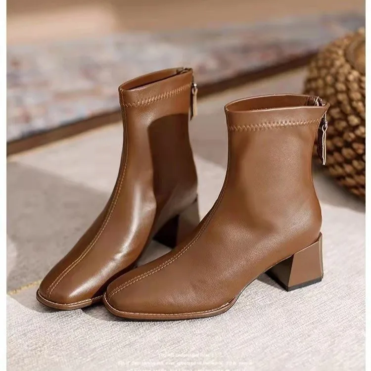 

Women Boots High Heels Autumn Shoes Boots-Women Zipper Winter Footwear Stiletto 2023 Ankle Med Rubber Ladies Solid Square Toe PU