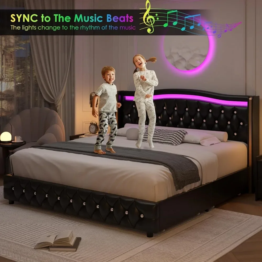 King Smart LED Platform Bed Frame with 4 Storage Drawers Crystal Button-Tufted & Stainless Gold Trim Wingback Headboard