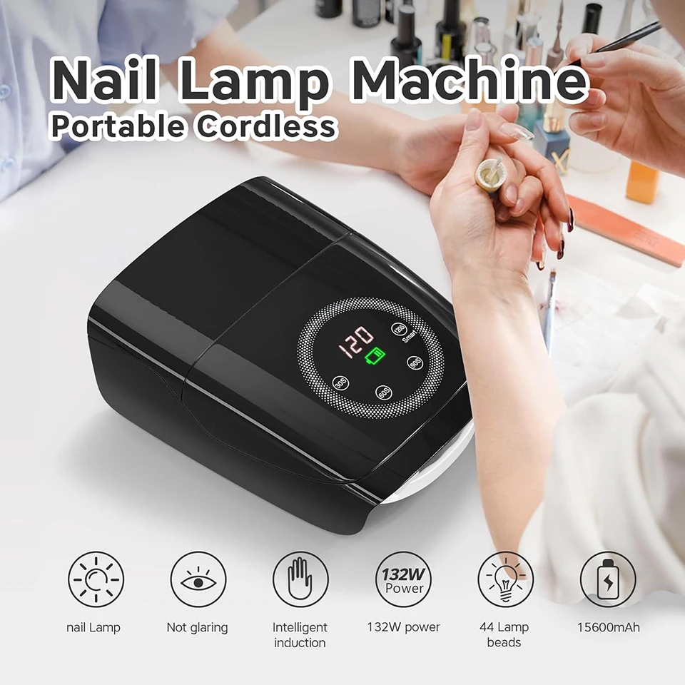 132W 네일 램프 무선 네일 램프 15600mAh 젤 네일 램프 대형 터치 스크린 4 타이머 & 자동 센서 블랙