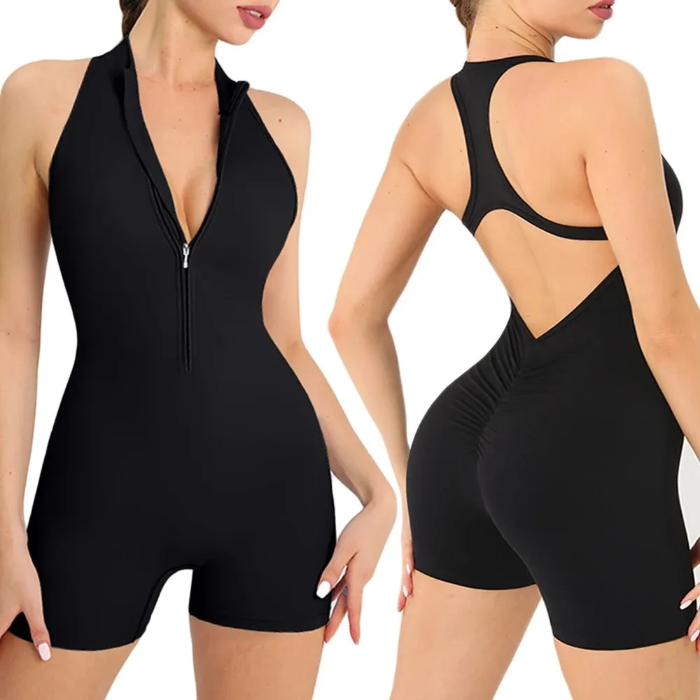 Women Sports Suit Yoga Set Short Jumpsuit Gym Tracksuit Fitness Scrunch Zipper Workout Bodysuit Female