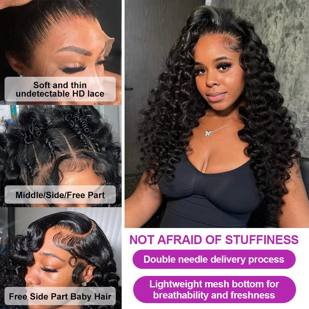 HD 13x6 Lose Naturwelle Lace Front Echthaarperücken 250 % Transparent 30 36 Zoll 13x4 360 Full Deep Water Wave Lace Frontal Perücken – Detail 3