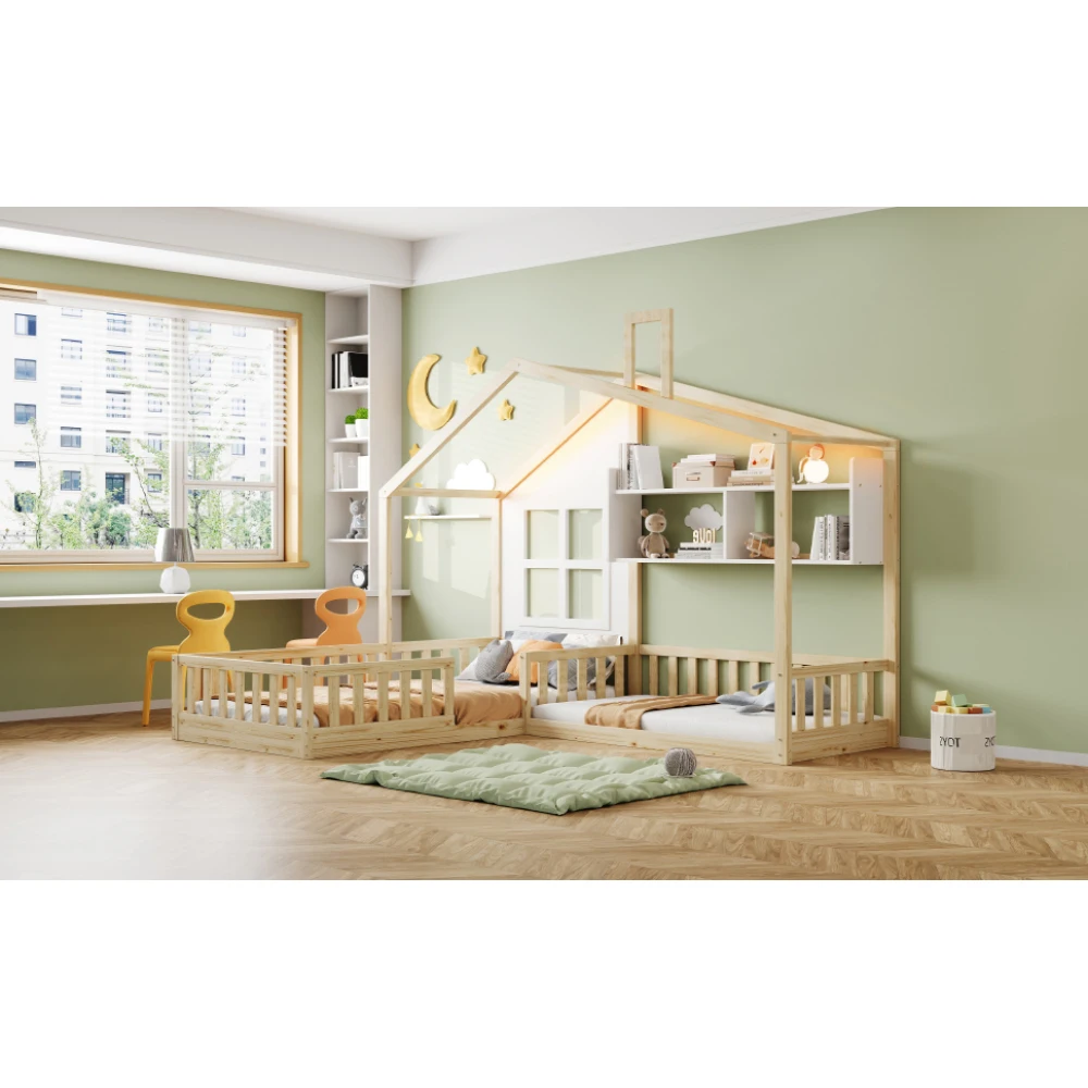 90x200cm (140x70cm) Bett mit Fensterregalen, LED-Lichtleiste, Kinderbett mit Sicherheitsgitter und Lattenrost, Holzfarbe – Detail 10