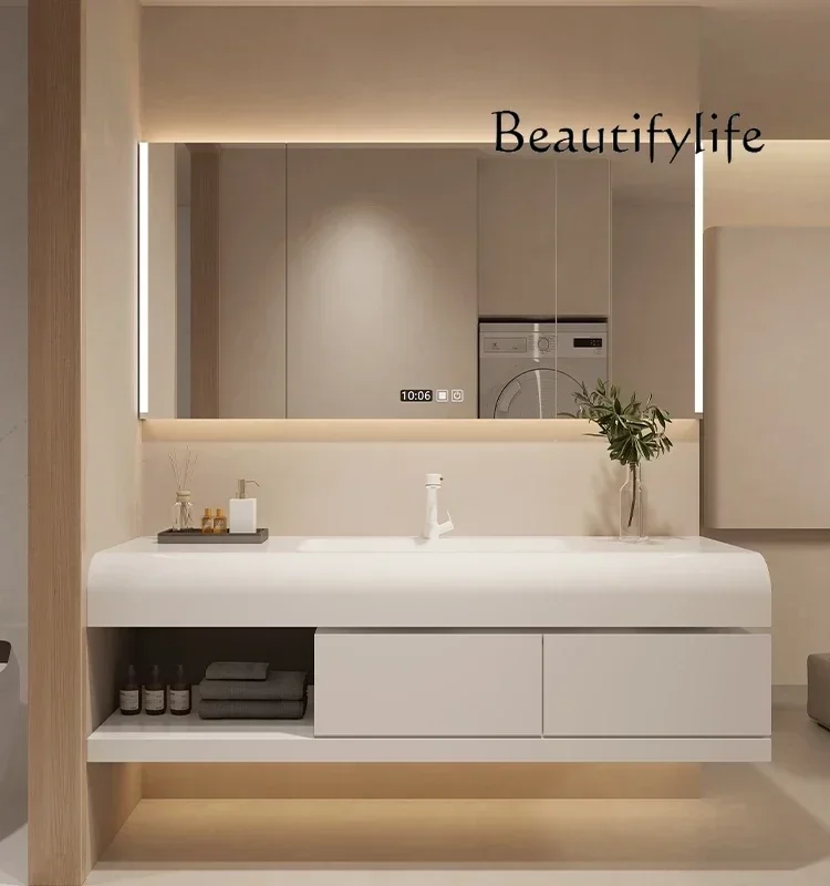 smart bathroom washbasin cabinet multifunctional Corian integrated basin bathroom cabinet combination