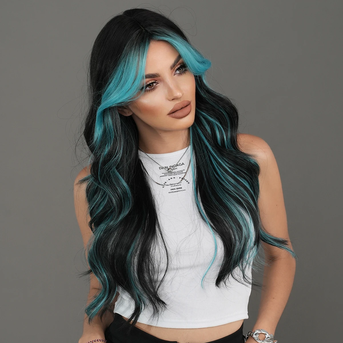 Synthetic Wig Layered Light Blue Wavy With Fluffy Bangs For Women Cosplay Highlight dyeing