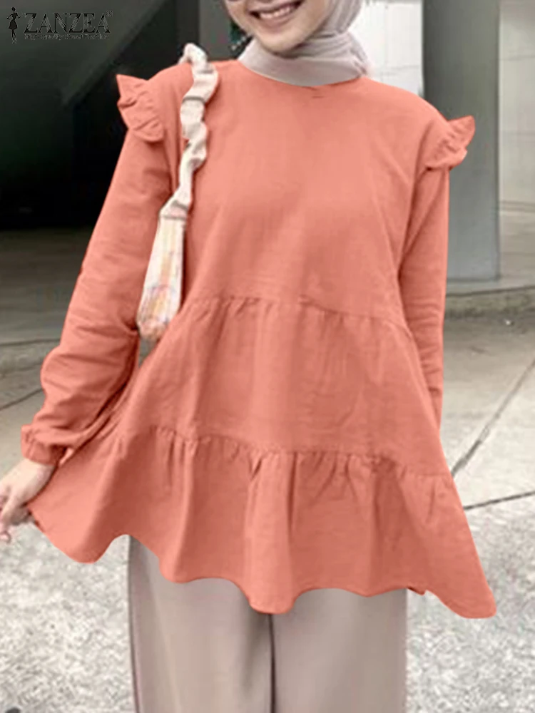 

2023 ZANZEA Women Elegant Long Sleeve Ruffles Blouse Fashion Autumn Solid Holiday Tops Casual Shirt Abaya Hijab Muslim Blusas