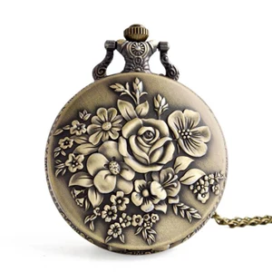 Vintage Blooming Flower Quartz Pocket Watch Bronze Pendant Clock Digital Display Ladies Necklace Chain Bracelet Watch