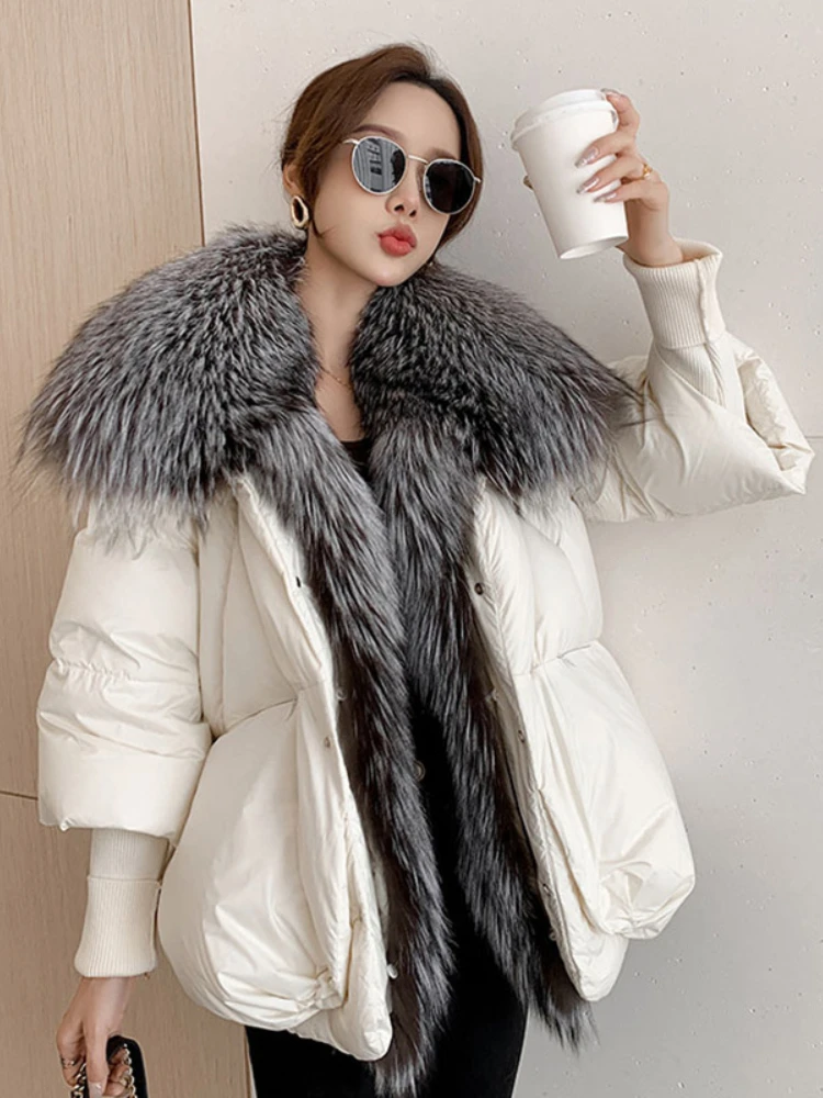 Female Large Fox Fur Collar Outerwear Thick Warm Fur Real Fur Coat Winter Jacket Women White Duck Down Jackets Hooded