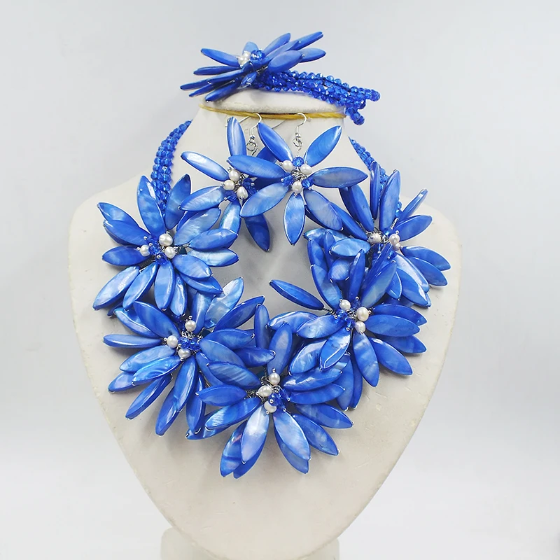

Beauty Design Blue Shell Beads Jewelry Set Flower Necklace 20"