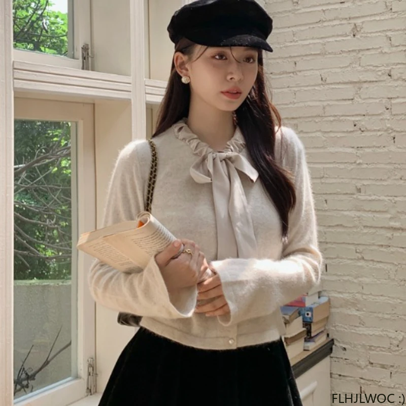 

New Year Winter Spring Short Coat Outerwear Long Sleeve Casual Japan Cute Sweet Girls Bow Tie Pink Red Knitted Sweater Cardigans