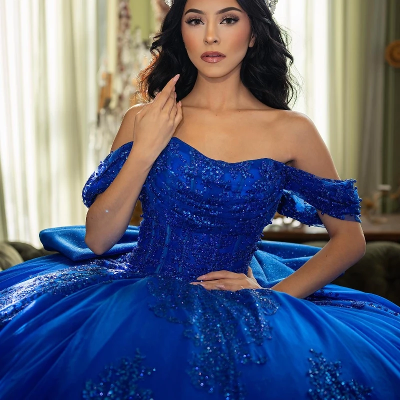 

Sparkly Blue Quinceanera Dress Off The Shoulder Applique Lace Beads Tull Princess Long Train Prom Party Gowns Vestidos De 15