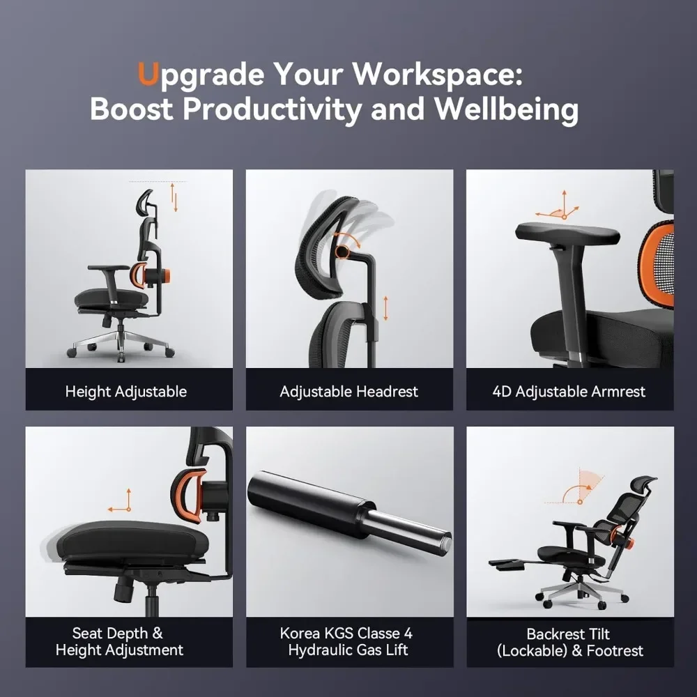 Office Chair, Auto Following Lumbar Support High Back Desk Chair with Laptop Desk Table, Seat Depth and Height Adjustable, Chair 5