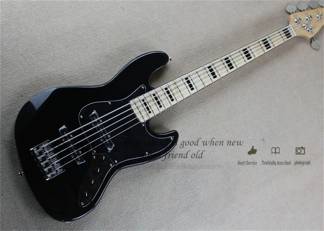 5 Corde Basso Jaz Black Bass Basswood Body Maple Fingerboard Chrome Tuners Ponte Fisso Battipenna Nero