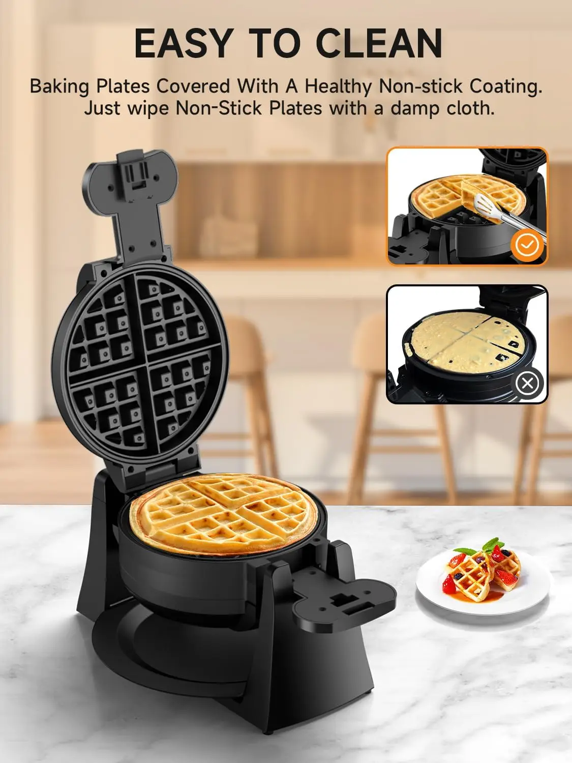 Maker, 1400W Double Belgian Waffle Iron 180° Flip, 8 Slices, Rotating & Nonstick Plates, Removable Drip Tray for Easy Cle 4