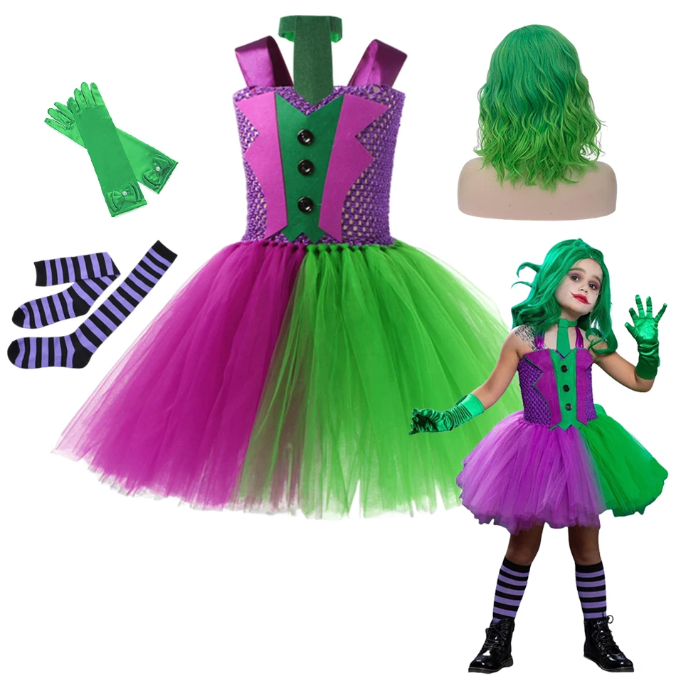 

Halloween Costume For Kids Green Girls Tutu Dress Kids Cosplay Scary Clown Costume Girl Carnival Masquerade Party Dress Up 2-12Y