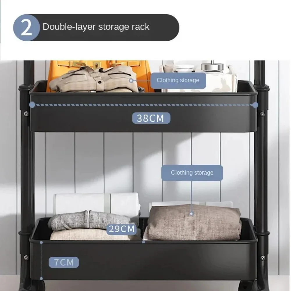 Household Multifunctional Coat Rack Bedroom Clothes Hanger with Universal Wheels 2 Layer Storage Organizer Mobility Stand