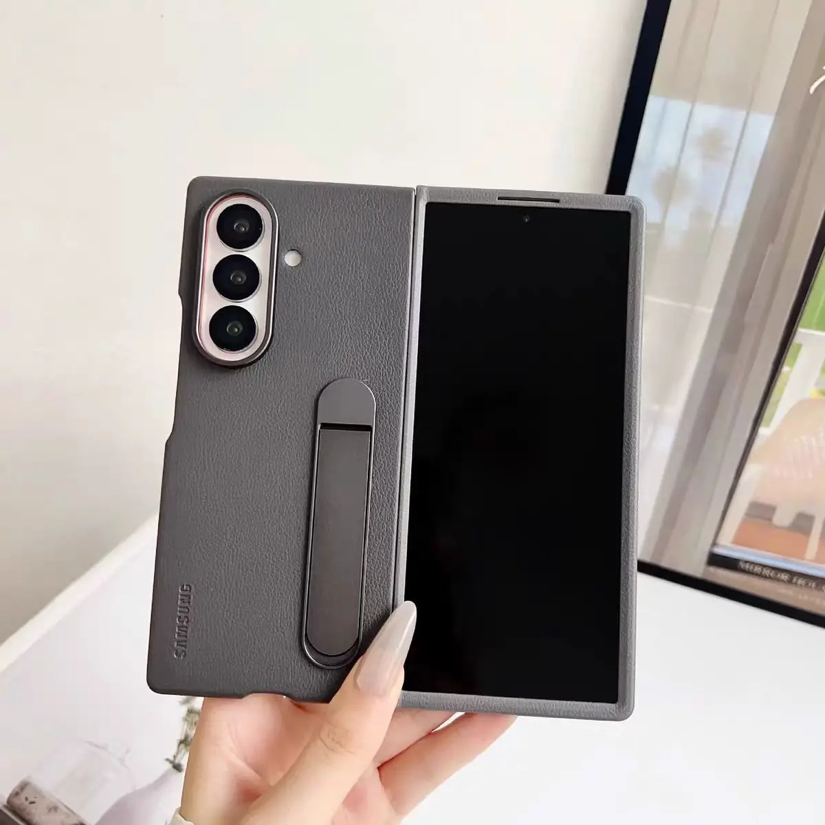 Luxury Leather Stand Case with Kickstand and Camera Protection, Slim Shockproof Shell