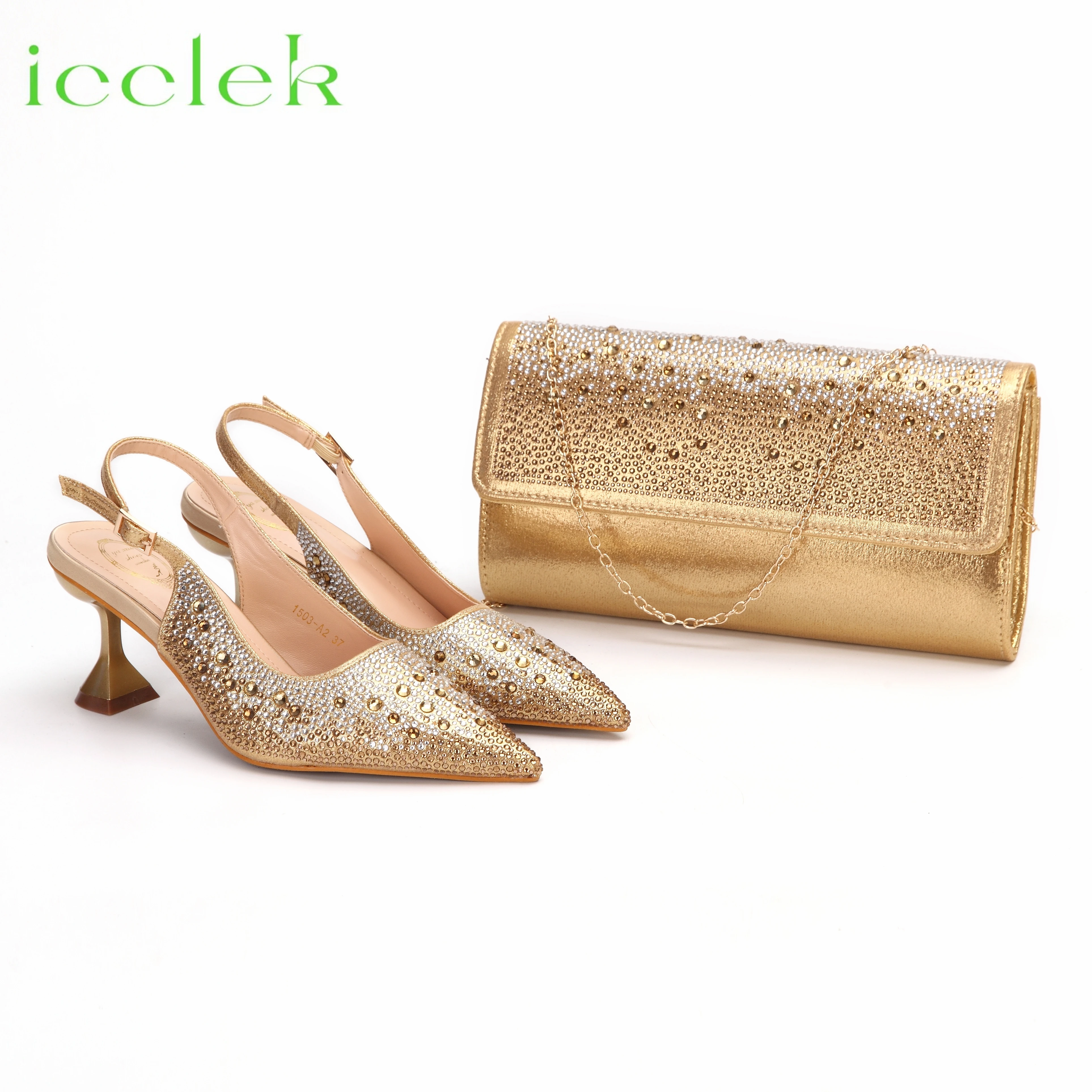 GoldColorHighQualityWomenPointedToeShoesMatchingBagSetfor