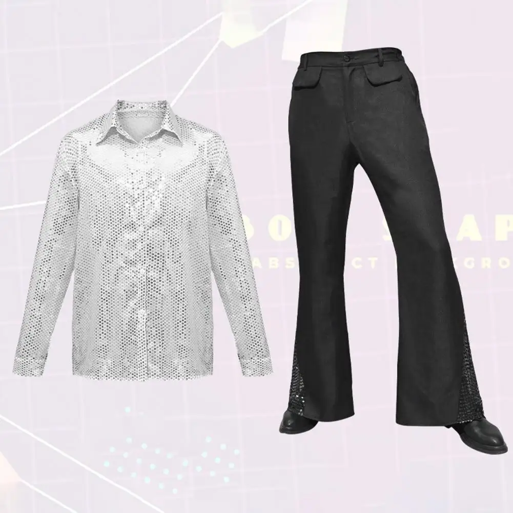 Sequin Single-breasted Shirt Retro Shiny Sequin Flared Pants Glossy Lapel Single-breasted Top for Party for Entertainers