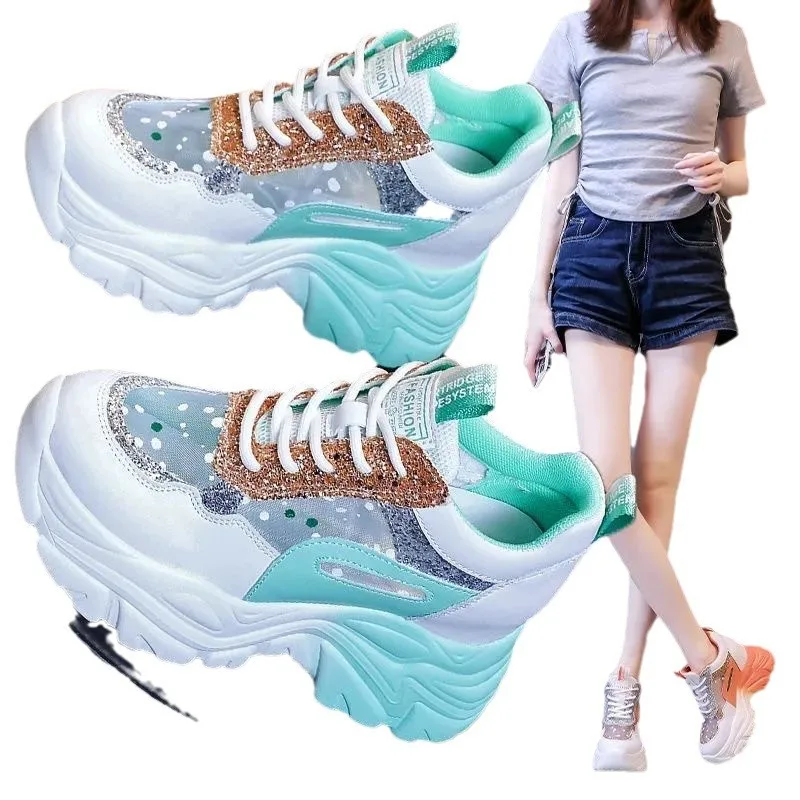 Shoes for Women Platform Shoes Autumn Women Casual Breathable Mesh Sequin Sneakers Wedges Sports Lace-up Non-slip Shoes