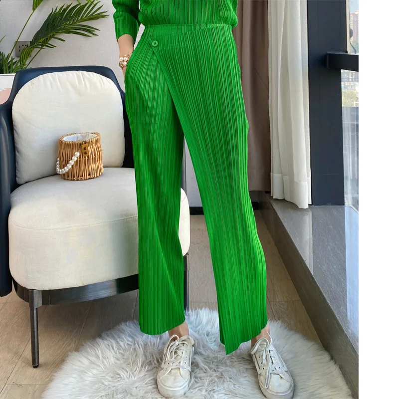 Pleated Harem Pants For Women Irregular Wide Leg Pants Elastic High Waist Loose Style Female Elegant Trousers 2024 Spring Pants