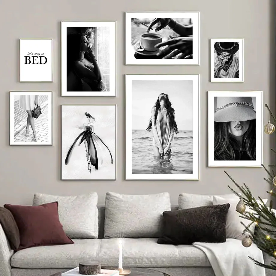 

Black White Paris Smoking Girl Sea Abstract Wall Art Print Canvas Painting Nordic Posters Vintage Pictures For Living Room Decor
