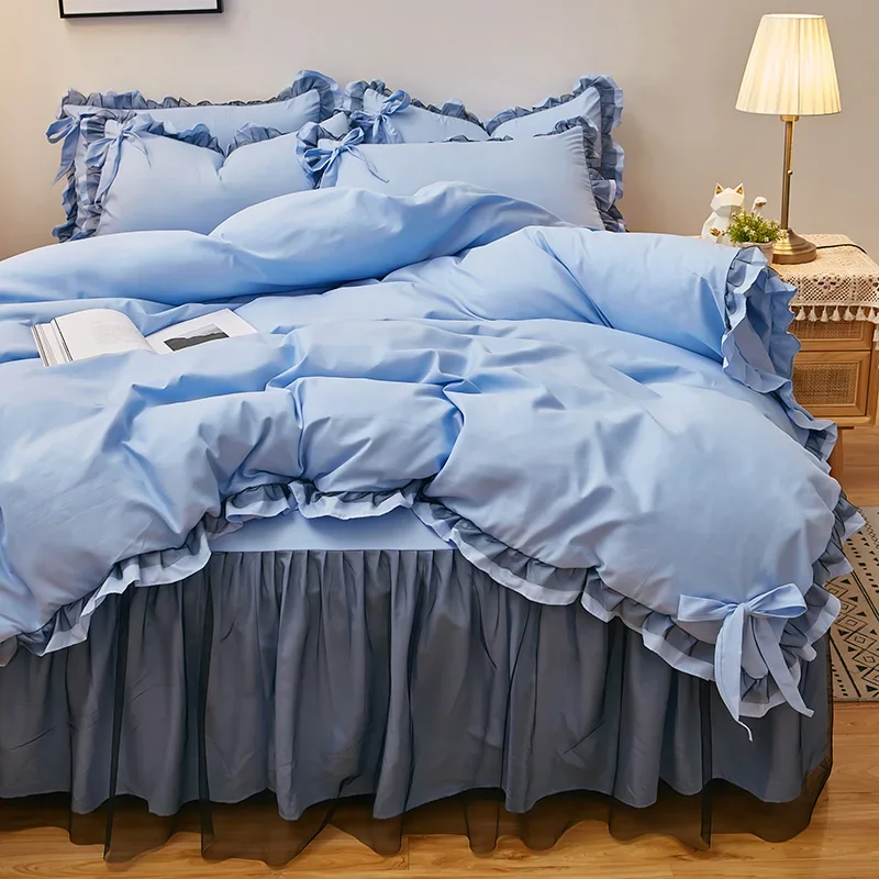 

3/4pcs Bedding Bed Linen 2 Bedrooms Bluey Comforter Cover Pillowcases Lace Solid Color Luxury King Size Set of Sheets Bedspread