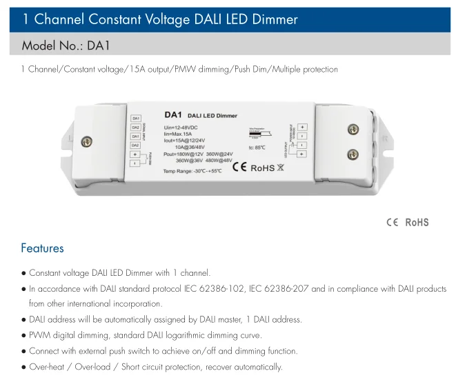 Skydance DA1 DALI 2 1 channel constant voltage LED dimmer push dim DALI DT6 controller 15A output PMW dimming DALI controller