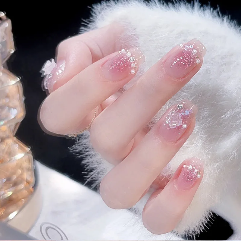 

24pcs Press on False with Designs Lotus Decal Fake Nails Art Full Cover Acrylic Nail Tips With Wearing Tools