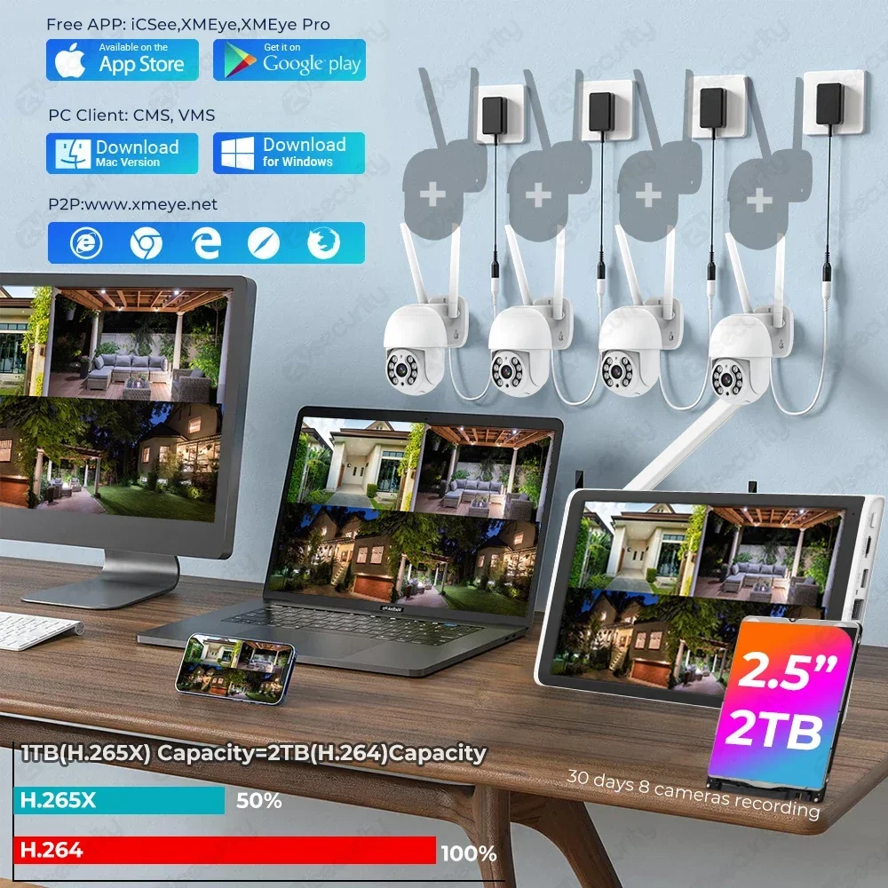 무선 보안 카메라 시스템, 야외 와이파이 NVR 키트, 모니터 PTZ IP 카메라 감시 키트, 8CH NVR + 4 개 카메라 세트, XMEye
