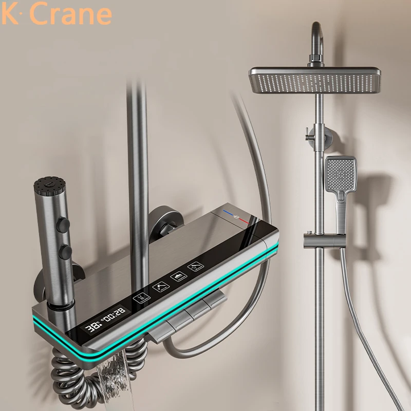 LED Digital Atmosphere Shower System Bathroom Hot Cold Mixer Bath Set Bathtub Wall Mount SPA Rain Fall Piano Button Shower Set