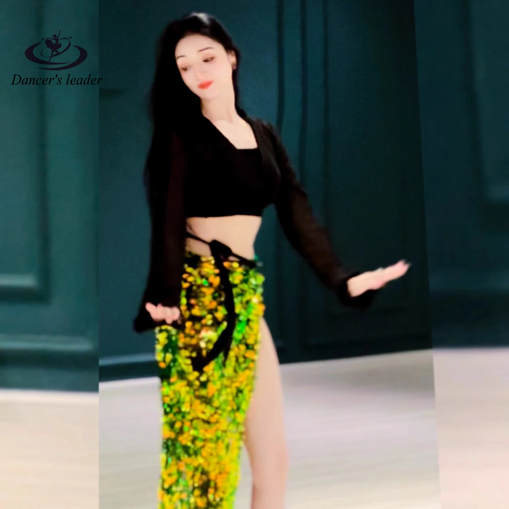 

Костюм для танца живота, черный Шелковый костюм с длинными рукавами и блестками для начинающих, обтягивающий высокоэластичный костюм для тренировок