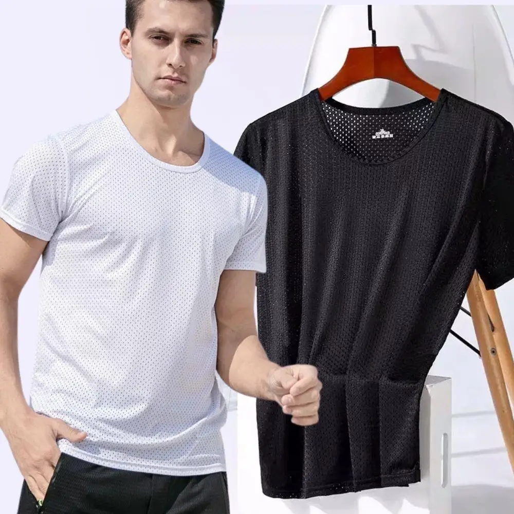 Men's Ice Silk Mesh Breathable T-Shirt Quick-Drying Short Sleeve Tee Sport Breathable Man Braces T-shirt Summer Man Clothes Top