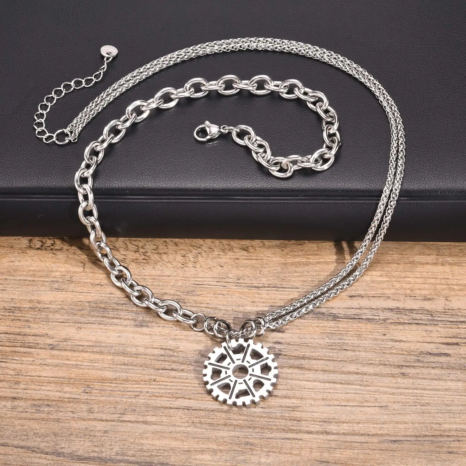 Mprainbow Punk Gear Pendant Necklaces for Men Boys, Ins Hip-hop Design Two Different Chains Splicing,New Valentine's Day Gift