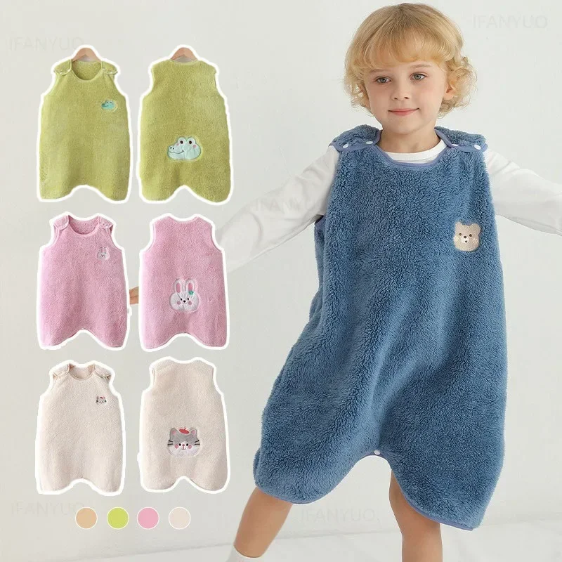 New Children Warm Sleeveless Coral Fleece Pajamas Winter Baby Anti Kick Quilt Cute Cartoon Boys Girls Kid Crawling Suit Clothing