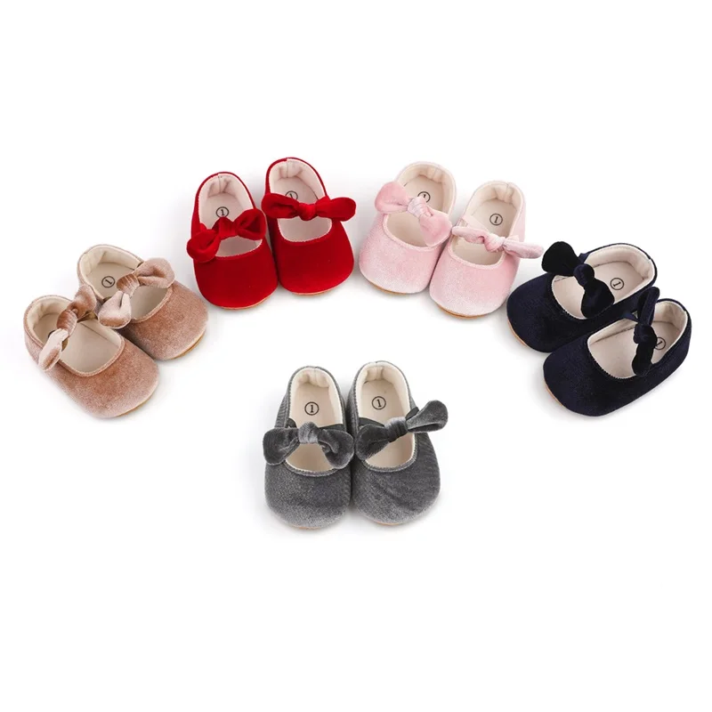 

0-18M Newborn Infant Baby Girls Mary Jane Flats Bowknot Princess Dress Shoes Non-Slip Velvet Crib Shoes First Walking Shoes