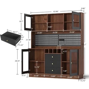 Kitchen Hutch Cabinet, Pantry Cabinet, Freestanding Buffet Hutch with Pegboard, Cup Holder, Power Outlet, 4 Doors & 3 Drawers, 2