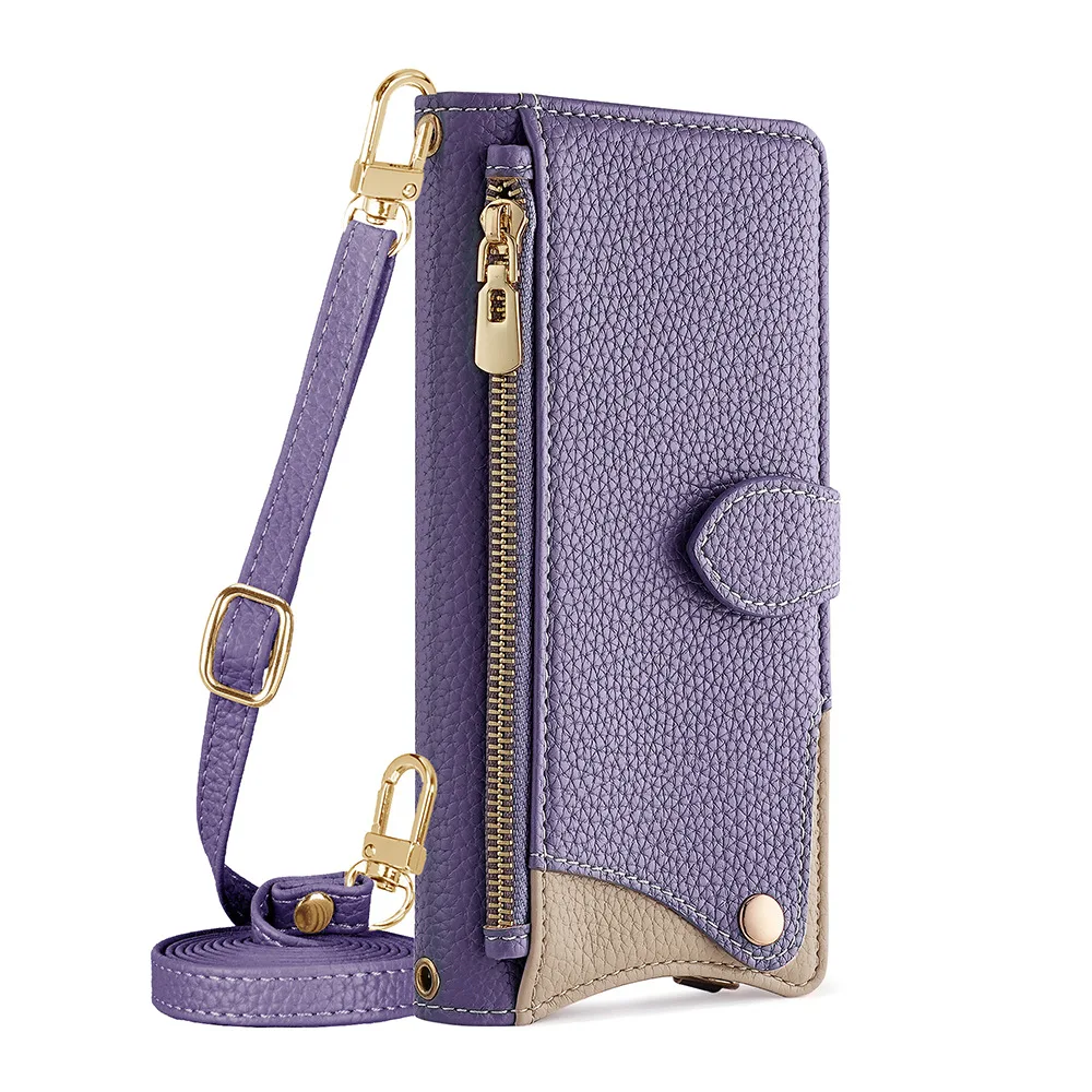 Crossbody Leather Zipper Wallet Phone Case with Mirror and Wrist Strap