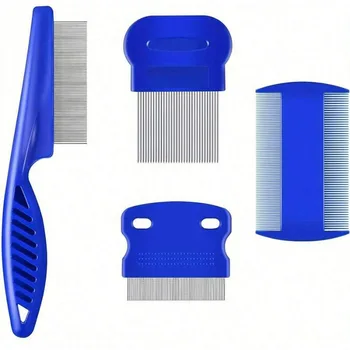 4 Pack Flea Lice Comb, Stainless Steel Dog Cat Grooming Combs with Rounded Teeth, Double Sided Professional Pet Tear Stain Remov